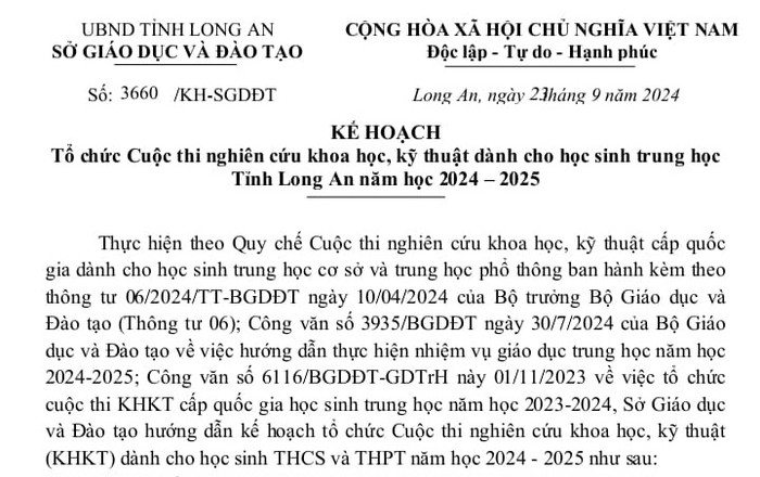 Kế hoạch tổ chức cuộc thi khoa học kỹ thuật dành cho học sinh trung học tỉnh Long An năm học 2024-2025. (Ảnh: Giáo viên cung cấp) gdvn_khkt.jpg