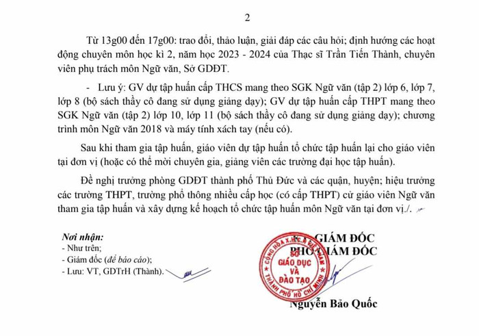 Một phần nội dung Công văn 138/SGDĐT-GDTrH. (Ảnh: Minh Anh)