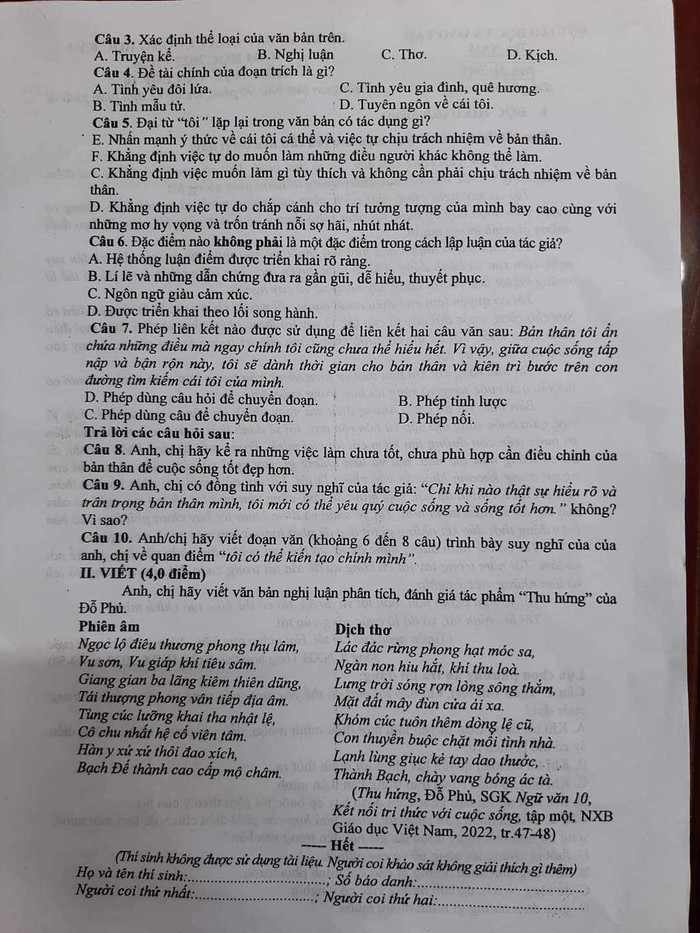 Bài thơ Thu hứng trong sách Ngữ văn 10. (Ảnh: GVCC)