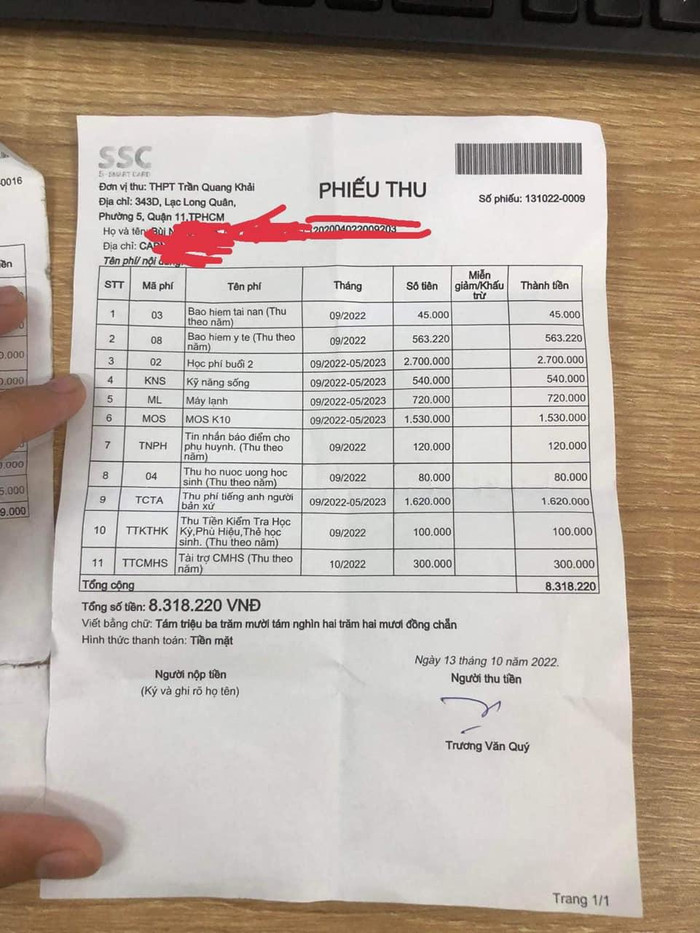 Phiếu thu tiền Trường Trung học phổ thông Trần Quang Khải. (Ảnh: CTV)