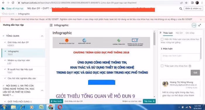 Nội dung bồi dưỡng module 9 của một môn học chương trình ETEP. (Ảnh: Hương Ly)