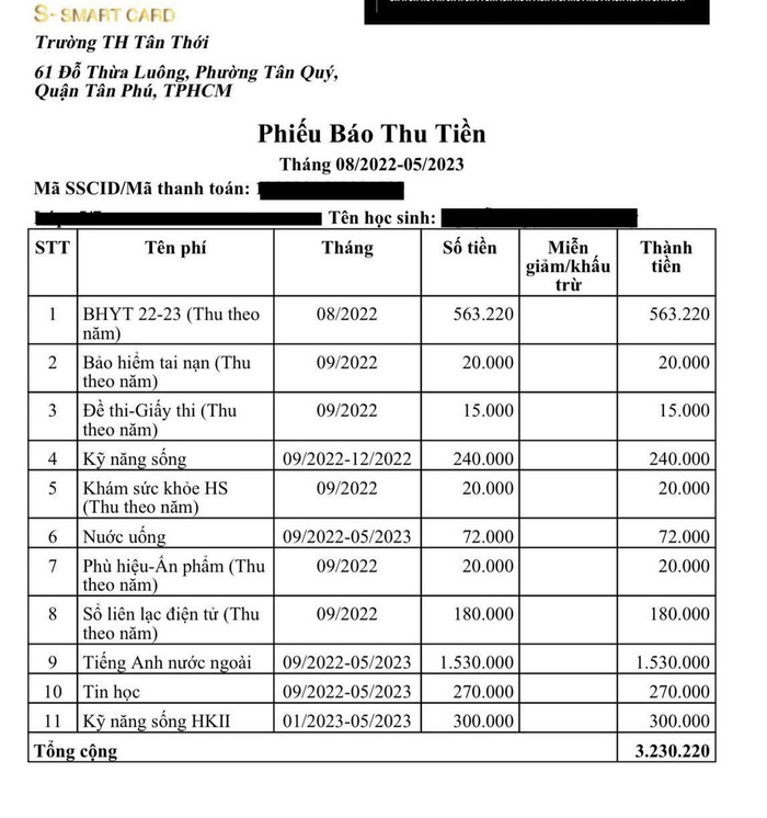 Phiếu báo thu tiền của Trường Tiểu học Tân Thới, quận Tân Phú, Thành phố Hồ Chí Minh. (Ảnh: phụ huynh cung cấp)