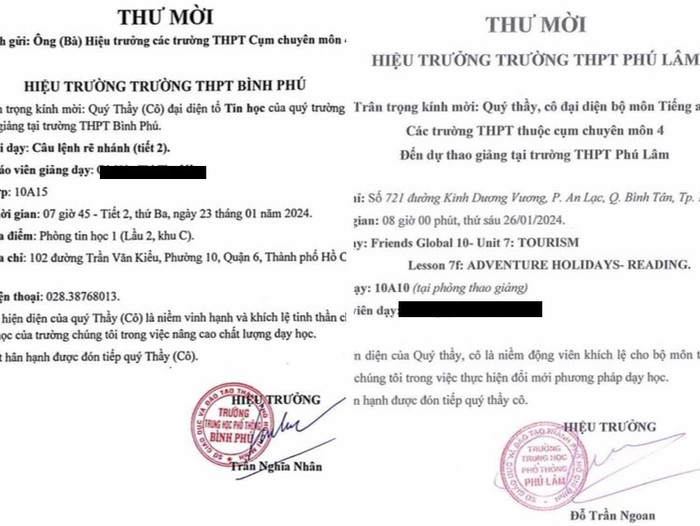 Thư mời dự giờ của Trường Trung học phổ thông Bình Phú và Phú Lâm, thành viên Cụm chuyên môn 4. (Ảnh: NVCC)