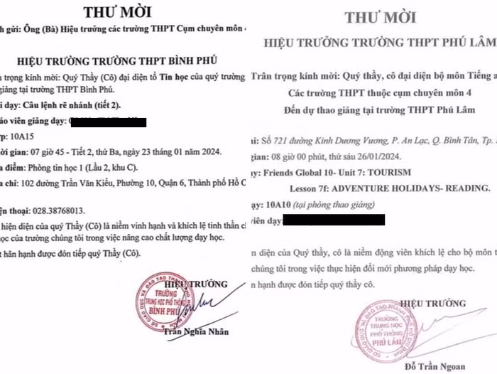 Thư mời dự giờ của Trường Trung học phổ thông Bình Phú và Phú Lâm, thành viên Cụm chuyên môn 4. (Ảnh: NVCC)