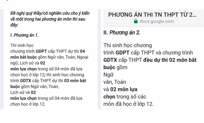Nội dung khảo sát 2 phương án tổ chức kỳ thi tốt nghiệp từ năm 2025. (Ảnh: Ánh Dương)