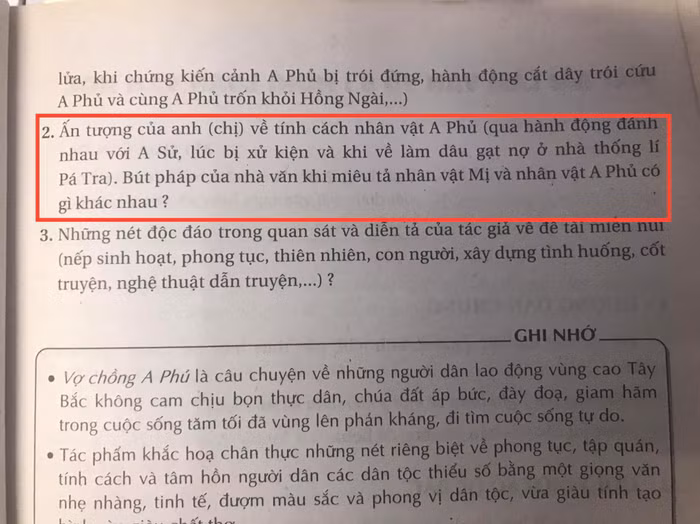 Câu hỏi liên quan đến nhân vật A Phủ trong sách giáo khoa. (Ảnh: Cao Nguyên) Câu hỏi liên quan đến nhân vật A Phủ trong sách giáo khoa. (Ảnh: Cao Nguyên)