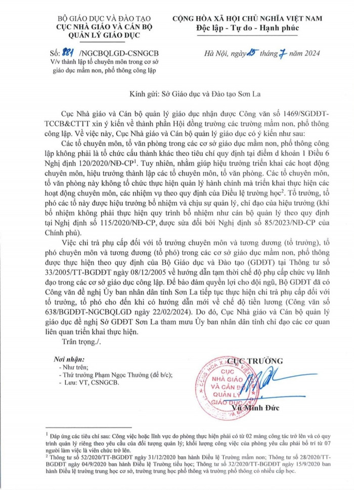 Công văn số 881/NGCBQLGD-CSNGCB của Bộ Giáo dục và Đào tạo. (Ảnh: Giáo viên cung cấp) GDVN_TT.jpg