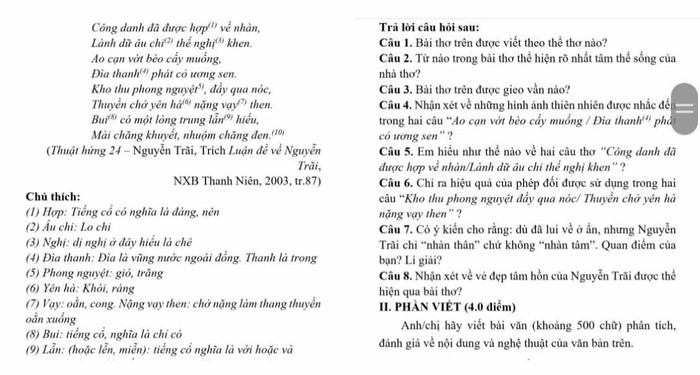 Một đề kiểm tra (đề xuất) Ngữ văn 10 rất khó. (Ảnh: CTV)