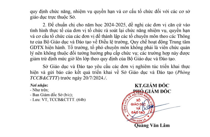 Văn bản số 1529/SGDĐT-TCCB&CTTT của Sở Giáo dục và Đào tạo Sơn La (Ảnh: Giáo viên cung cấp) gdvn-ttcm.jpg