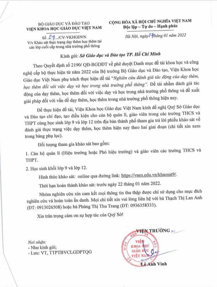 Công văn số 04/CV-VKHGDVN của Viện Khoa học giáo dục Việt Nam khảo sát thực trạng dạy thêm, học thêm. (Ảnh: Ánh Dương) Công văn số 04/CV-VKHGDVN của Viện Khoa học giáo dục Việt Nam khảo sát thực trạng dạy thêm, học thêm. (Ảnh: Ánh Dương)