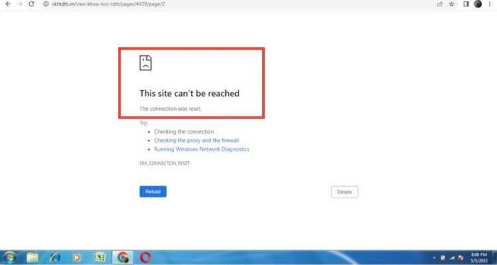 Không thể truy cập trang web của Viện Khoa học thể dục thể thao. (Ảnh: Phan Thế Hoài)