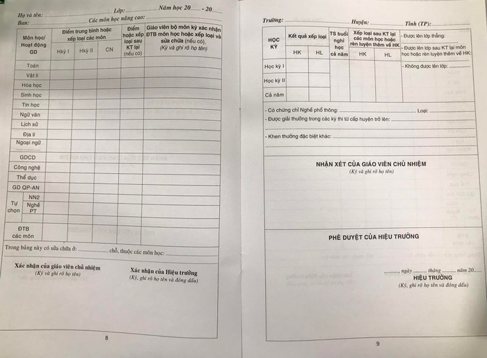 Mẫu học bạ giấy bậc trung học phổ thông - Chương trình 2006. (Ảnh: Ánh Dương) Mẫu học bạ giấy bậc trung học phổ thông - Chương trình 2006. (Ảnh: Ánh Dương)