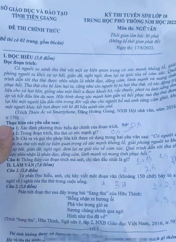 Đề thi tuyển sinh 10 môn Ngữ văn tỉnh Tiền Giang năm 2022. (Ảnh: giadinhmoi.vn)