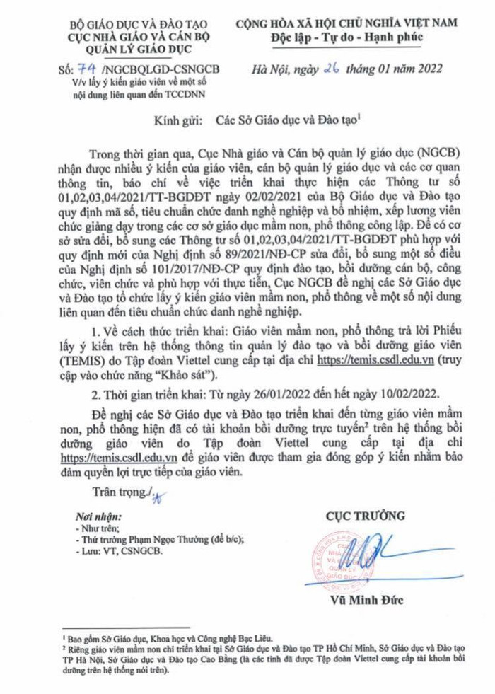 Công văn của Bộ Giáo dục lấy ý kiến giáo viên về một số nội dung liên quan đến tiêu chuẩn chức danh nghề nghiệp. (Ảnh: Ánh Dương) Công văn của Bộ Giáo dục lấy ý kiến giáo viên về một số nội dung liên quan đến tiêu chuẩn chức danh nghề nghiệp. (Ảnh: Ánh Dương)