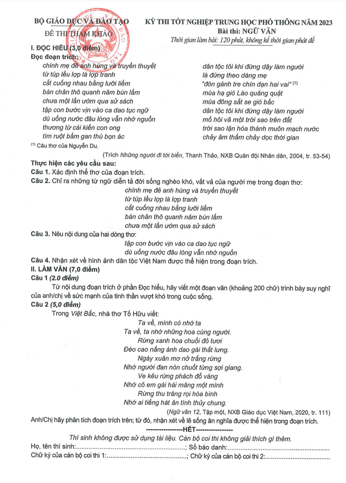 Đề thi tham khảo môn Ngữ văn kì thi tốt nghiệp trung học phổ thông 2023. Đề thi tham khảo môn Ngữ văn kì thi tốt nghiệp trung học phổ thông 2023.