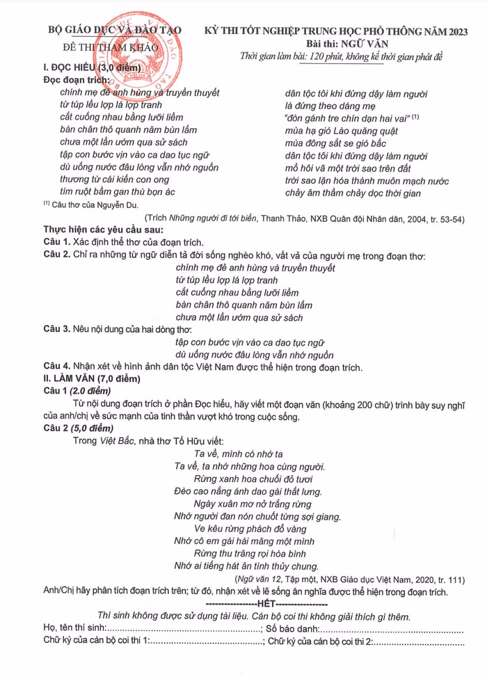 Đề thi tham khảo môn Ngữ văn kì thi tốt nghiệp trung học phổ thông 2023.