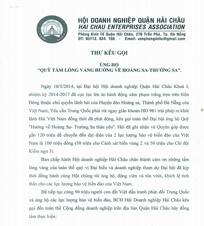 Bức thư kêu gọi do ông Lê Anh – Chủ tịch Hội Doanh nghiệp quận Hải Châu ký không có nội dung kêu gọi tẩy chay hàng Trung Quốc. Bức thư kêu gọi do ông Lê Anh – Chủ tịch Hội Doanh nghiệp quận Hải Châu ký không có nội dung kêu gọi tẩy chay hàng Trung Quốc.
