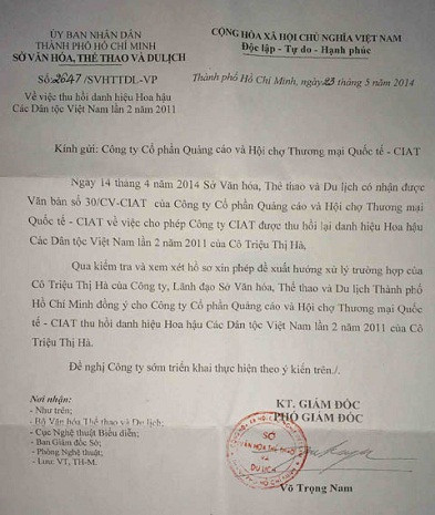 Công văn thu hồi danh hiệu Hoa hậu của Triệu Thị Hà.