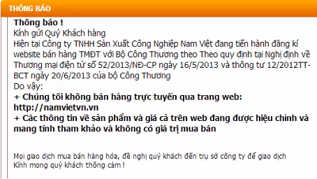 Thông báo ngừng bán hàng được đăng tải trên web của Công ty TNHH Sản xuất Công nghiệp Nam Việt. Thông báo ngừng bán hàng được đăng tải trên web của Công ty TNHH Sản xuất Công nghiệp Nam Việt.