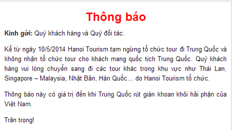 Thông báo tạm ngừng tổ chức tour đi Trung Quốc của Công ty cổ phần đầu tư du lịch Hà Nội. Thông báo tạm ngừng tổ chức tour đi Trung Quốc của Công ty cổ phần đầu tư du lịch Hà Nội.
