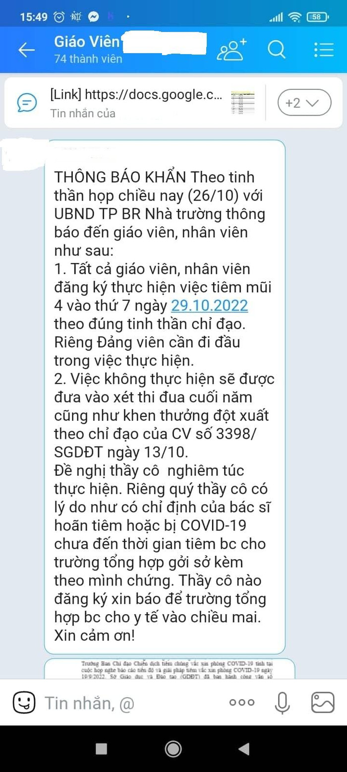 Không tiêm vaccine giáo viên Vũng Tàu sẽ bị cắt thi đua (giáo viên cung cấp) Không tiêm vaccine giáo viên Vũng Tàu sẽ bị cắt thi đua (giáo viên cung cấp)