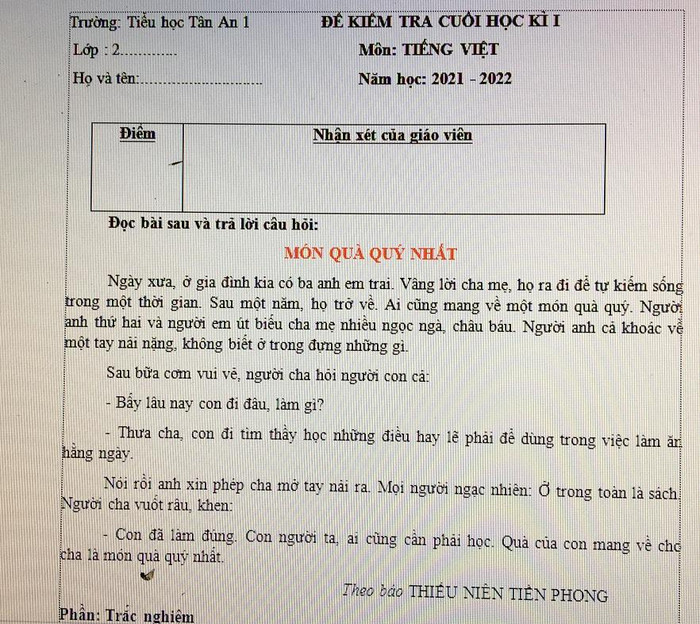 Đề kiểm tra cuối kỳ 1 là văn bản trong Báo Thiếu niên Tiền phong (Ảnh tác giả)