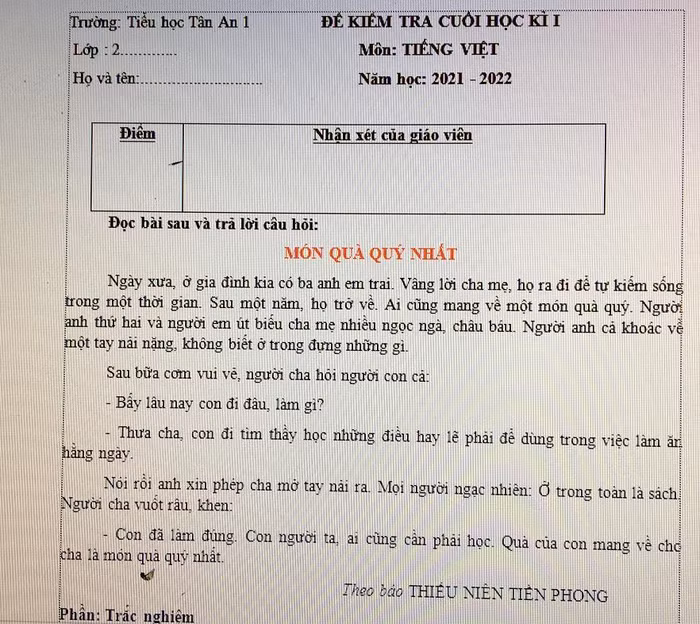 Đề kiểm tra cuối kỳ 1 là văn bản trong Báo Thiếu niên Tiền phong (Ảnh tác giả)