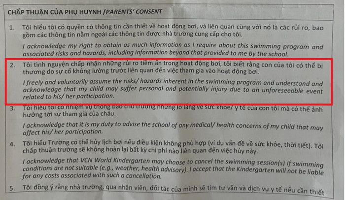 Một phần nội dung trong văn bản Trường Mầm non VCN World gửi phụ huynh. Ảnh: PHCC. anh svic.jpg