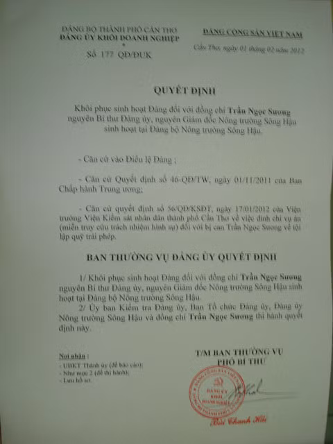Quyết định khôi phục sinh hoạt Đảng đối với bà Trần Ngọc Sương Quyết định khôi phục sinh hoạt Đảng đối với bà Trần Ngọc Sương