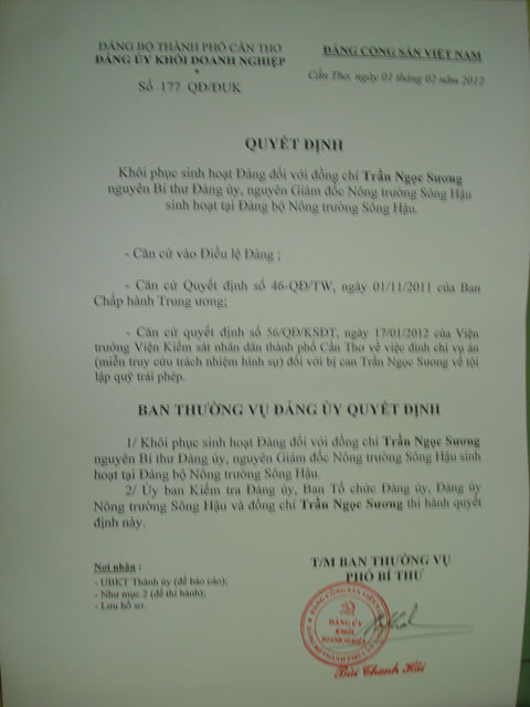Quyết định khôi phục sinh hoạt Đảng đối với bà Trần Ngọc Sương Quyết định khôi phục sinh hoạt Đảng đối với bà Trần Ngọc Sương