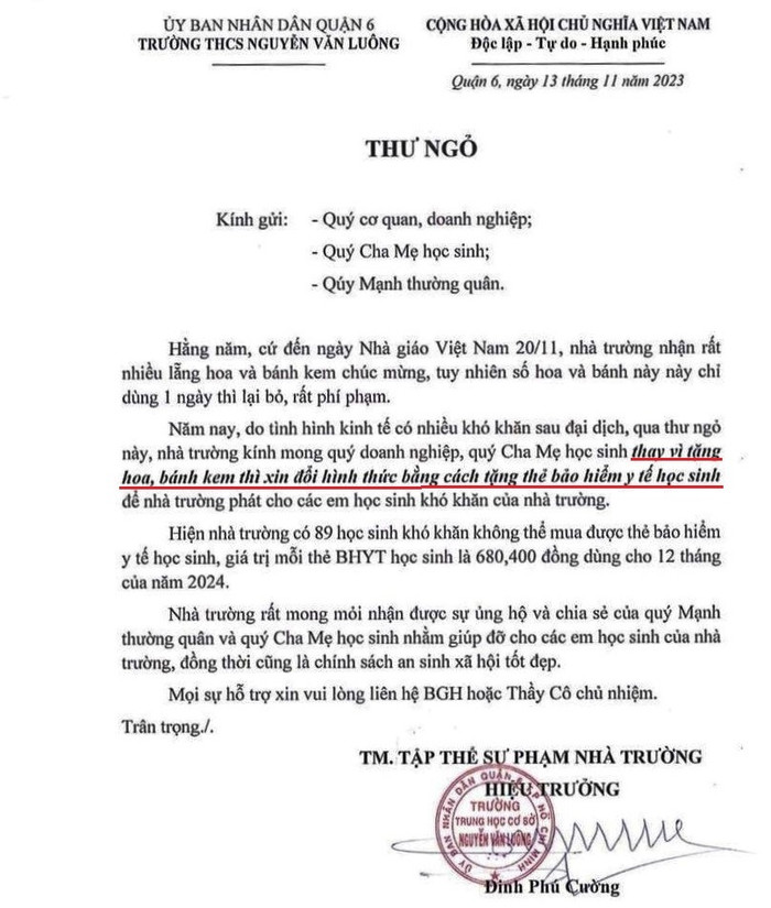 Hiệu trưởng Trường Trung học cơ sở Nguyễn Văn Luông viết thư ngỏ "đổi quà" 20/11 bằng thẻ bảo hiểm y tế cho học sinh. Ảnh chụp màn hình. Hiệu trưởng Trường Trung học cơ sở Nguyễn Văn Luông viết thư ngỏ "đổi quà" 20/11 bằng thẻ bảo hiểm y tế cho học sinh. Ảnh chụp màn hình.