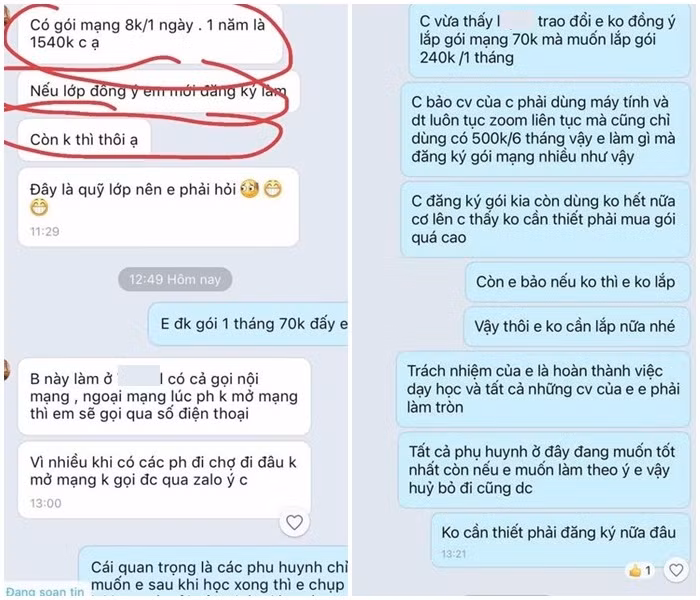 Giáo viên chủ nhiệm muốn phụ huynh đăng ký gói mạng 240.000 đồng/ tháng để gửi bài tập qua Zalo. Ảnh chụp màn hình.