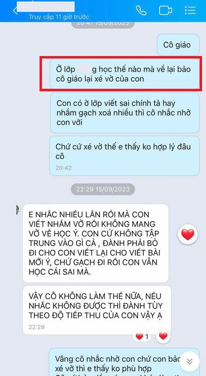 Phụ huynh phản ánh cô giáo chủ nhiệm xé vở của con. Ảnh chụp màn hình. Phụ huynh phản ánh cô giáo chủ nhiệm xé vở của con. Ảnh chụp màn hình.