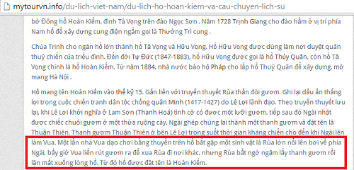 Sự tích hồ Hoàn Kiếm sai lệch xuất hiện trên website của công ty du lịch My Tour.