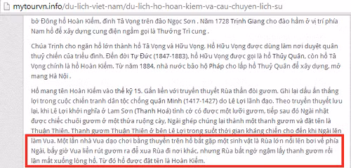 Sự tích hồ Hoàn Kiếm sai lệch xuất hiện trên website của công ty du lịch My Tour.