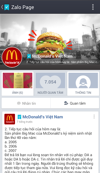 Zalo Page của McDonald’s. Zalo Page của McDonald’s.