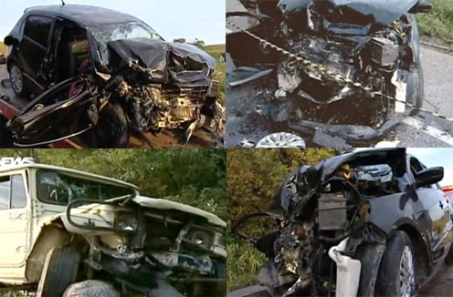 Cả hai xe - Volkswagen Golf (màu đen) và Toyota Bandeirante (màu trắng) đều hư hỏng nặng. Cả hai xe - Volkswagen Golf (màu đen) và Toyota Bandeirante (màu trắng) đều hư hỏng nặng.