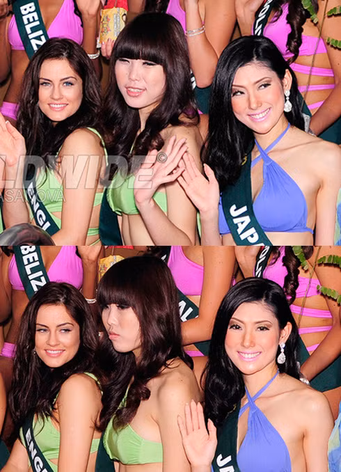 Hoa hậu Hong Kong (giữa) xấu nổi bật với đối mắt nhỏ, gương mặt quá dài và khuôn miệng không gọn.