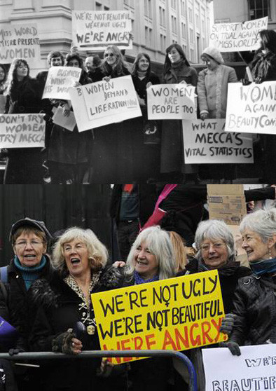 Khẩu hiệu của cuộc biểu tình năm 1970 (ảnh trên) được sử dụng lại cho cuộc biểu tình năm 2011 (ảnh dưới). Ảnh: Independent.