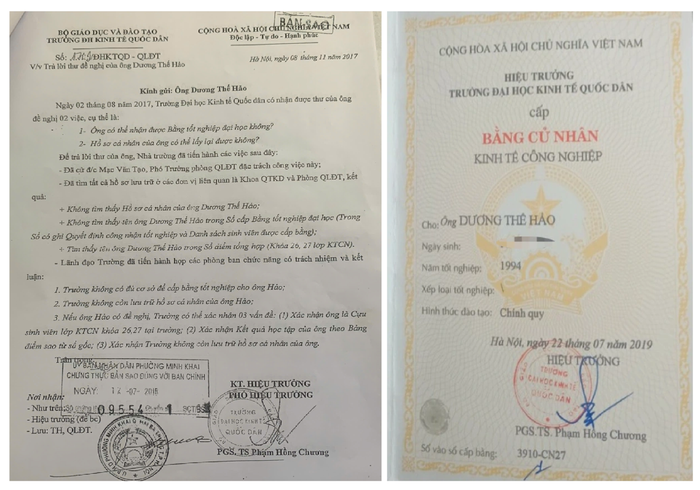 Năm 2017 Trường Đại học Kinh tế Quốc dân khẳng định không tìm thấy hồ sơ cá nhân của ông Dương Thế Hảo; không tìm thấy tên ông Dương Thế Hảo trong sổ cấp bằng tốt nghiệp đại học. Đến năm 2019, nhà trường cấp bằng cử nhân cho ông Hảo. GDVN_T.png