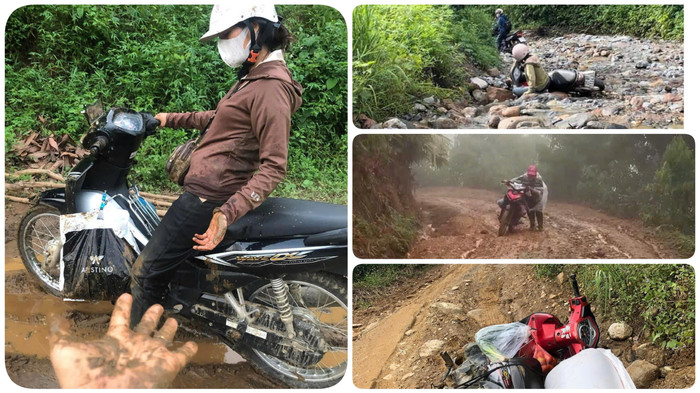 Con đường tới trường đầy khó khăn của giáo viên Trường Mầm Non An Lương. Ảnh: NVCC.