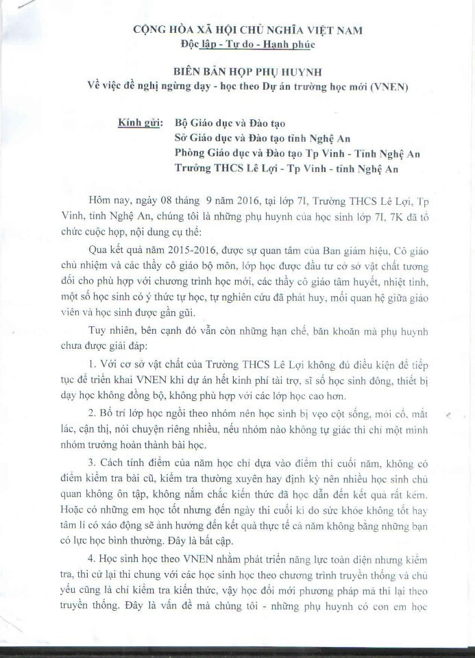 Biên bản họp phụ huynh nêu 7 lý do phụ huynh không thích VNEN. Biên bản họp phụ huynh nêu 7 lý do phụ huynh không thích VNEN.