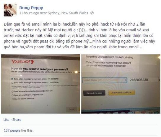 Dung chia sẻ trên trang cá nhân về việc bị hacker ăn cắp tài khoản.