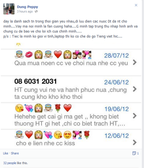 "Đây là danh sách tin nhắn trong thời gian yêu nhau, đi lưu diễn các nước Đan Trường đã nhắn tin cho mình. Vậy mà nói mình là fan cuồng. Giờ mình tập trung thu thập hình ảnh và chứng cứ để bảo vệ cho lợi ích của mình", cô gái trẻ viết trên trang cá nhân. "Đây là danh sách tin nhắn trong thời gian yêu nhau, đi lưu diễn các nước Đan Trường đã nhắn tin cho mình. Vậy mà nói mình là fan cuồng. Giờ mình tập trung thu thập hình ảnh và chứng cứ để bảo vệ cho lợi ích của mình", cô gái trẻ viết trên trang cá nhân.