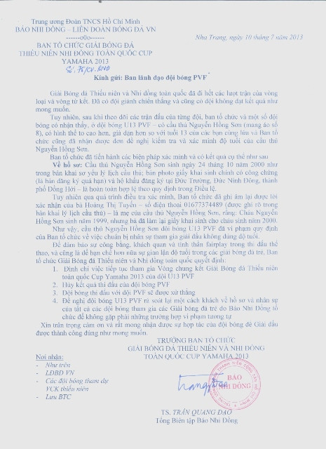 Công văn, quyết định đình chỉ thi đấu của Ban tổ chức giải PVF. Công văn, quyết định đình chỉ thi đấu của Ban tổ chức giải PVF.