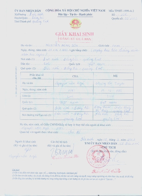 Giấy khai sinh của cầu thủ Nguyễn Hồng Sơn. Giấy khai sinh của cầu thủ Nguyễn Hồng Sơn.