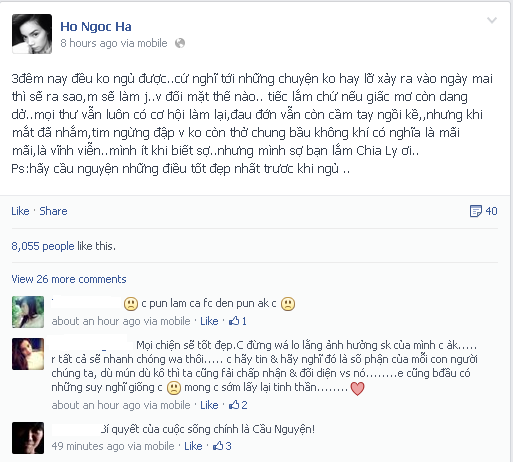 Hồ Ngọc Hà chia sẻ têm sự trên trang cá nhân. Hồ Ngọc Hà chia sẻ têm sự trên trang cá nhân.