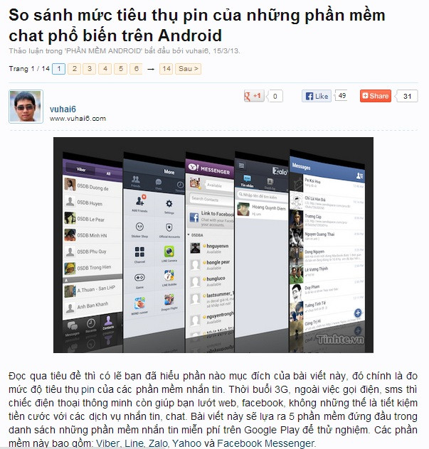 Bài viết về mức độ tiêu thụ pin của các ứng dụng OTT trên diễn đàn tinhte.vn thu hút được sự quan tâm của đông đảo cộng đồng mạng.