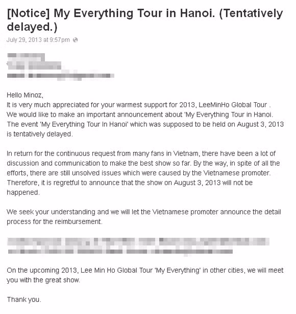 Thông báo từ công ty quản lý của Lee Min Ho về chuyện hủy show ở Hà Nội.