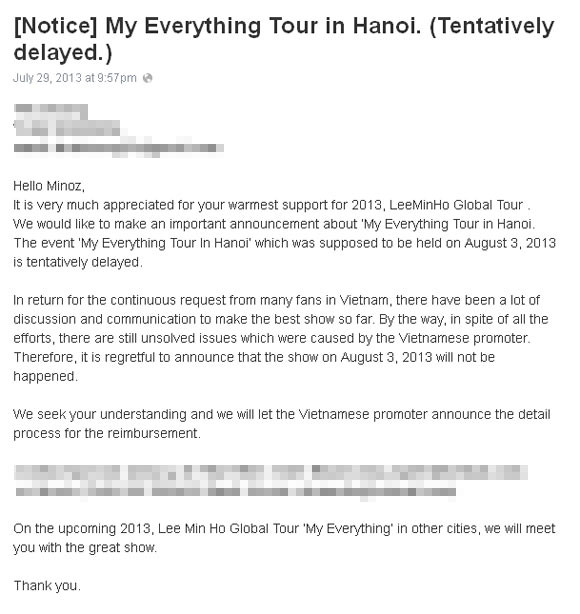 Thông báo từ công ty quản lý của Lee Min Ho về chuyện hủy show ở Hà Nội. Thông báo từ công ty quản lý của Lee Min Ho về chuyện hủy show ở Hà Nội.